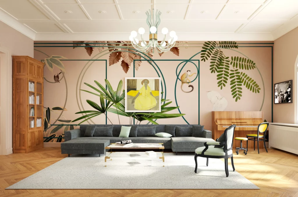 Eclectic purple and green living room interior